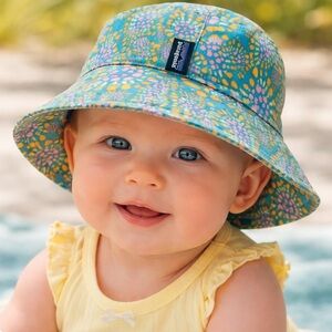 Patagonia Baby Bucket Hat 3–6M Blue Pink Yellow Print Recycled Nylon Sun Hat